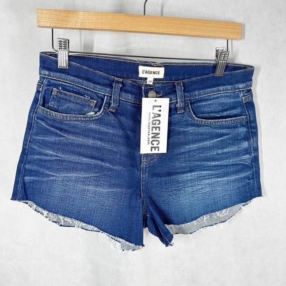 L’AGENCE Audrey Mid Rise Blue Denim Raw Hem Fray Short Size 25 - Picture 1 of 8